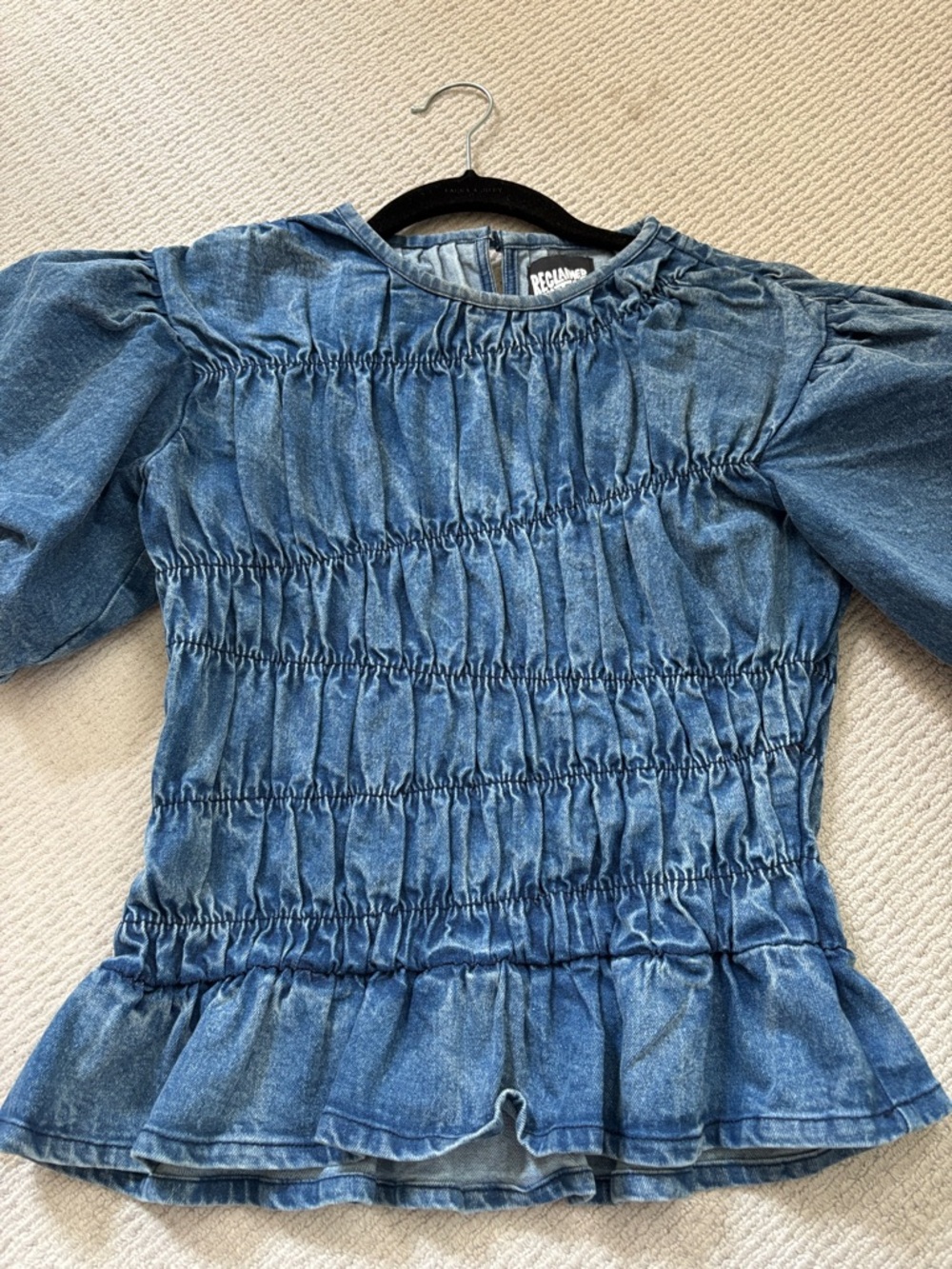 Reclaimed Vintage Blue Denim Puff-Sleeve Shirred Top - Picture 12 of 13
